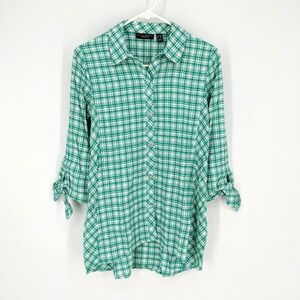 Susan Graver Petite Yarn Dyed Woven Button Front Shirt Jade Delight Size XXSP